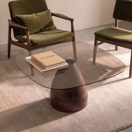 Handmade Sculptural Coffee Table, Tapered Wood Base, Bronze Glass Top, Modern Furniture