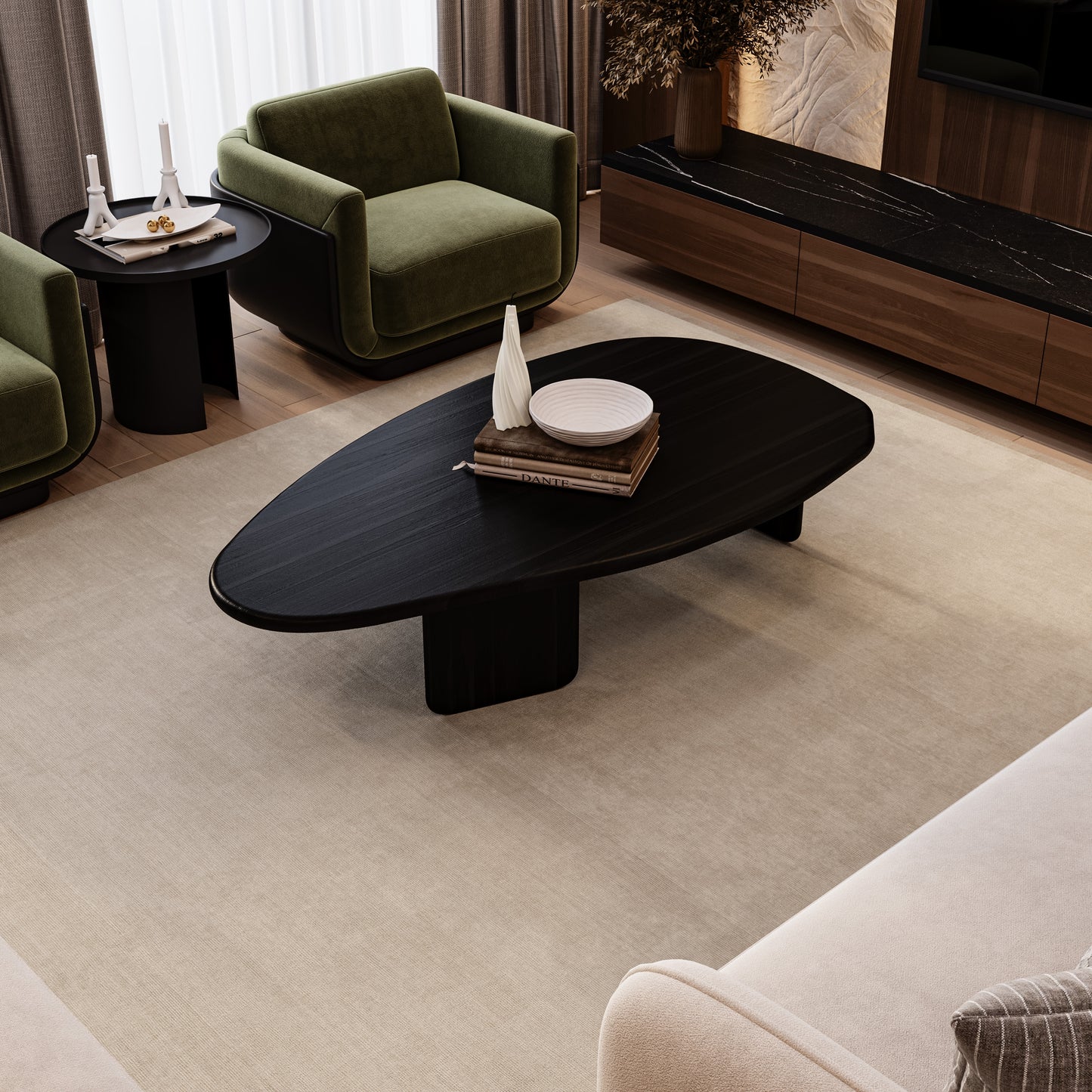 Mesa de centro de madera negra, mesa de centro, mesa de centro asimétrica, mesa de diseño minimalista