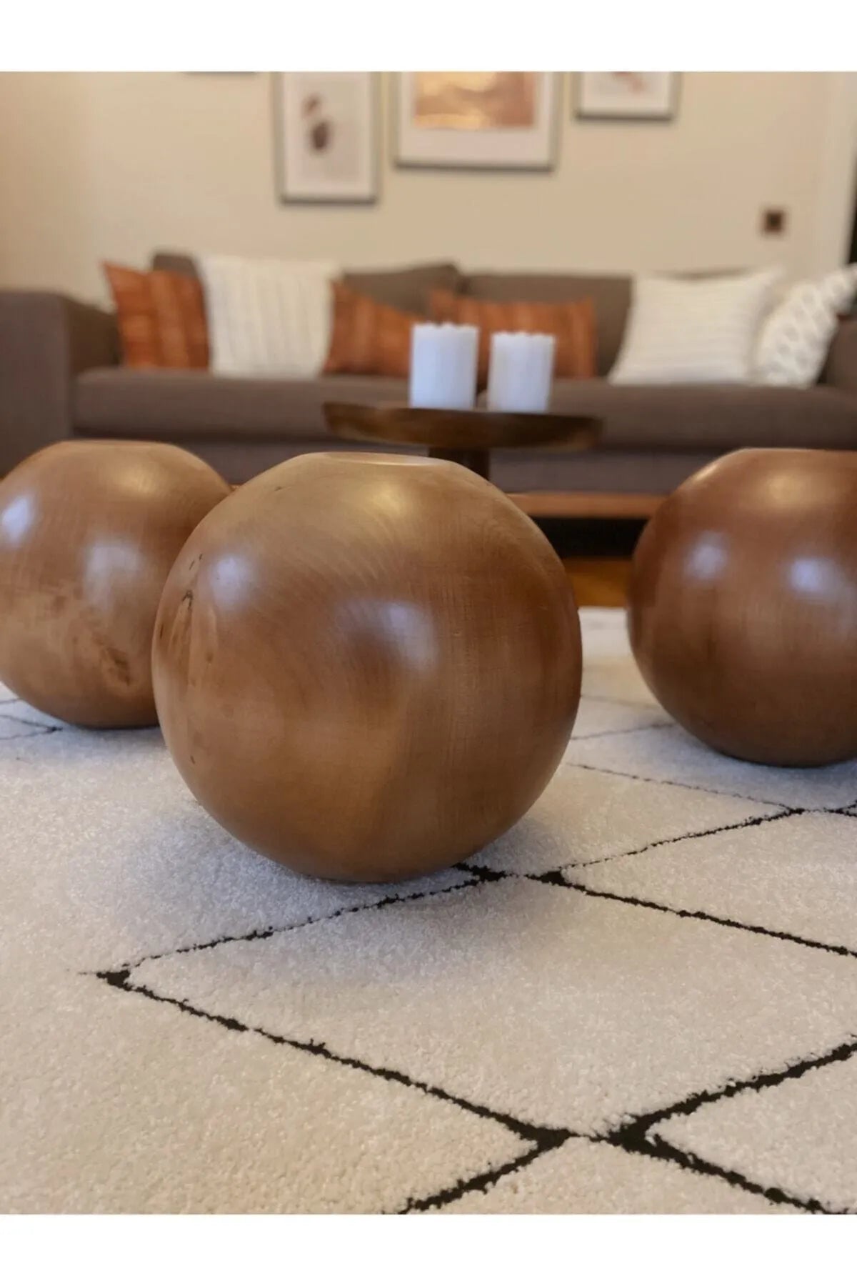 Wooden Ball Coffee Table, Center Table, Wood Balls, Glass Table with Wood Ball