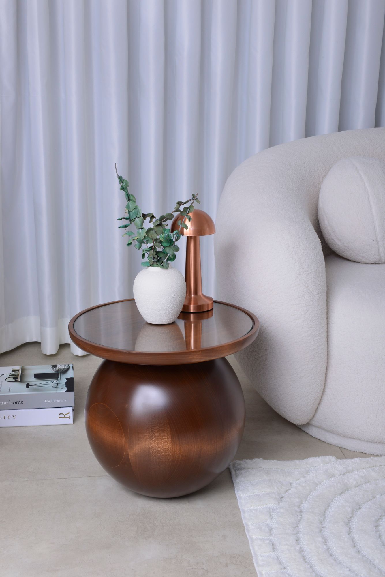 Walnut Single Ball Wood Table, Wooden Ball Table with glass