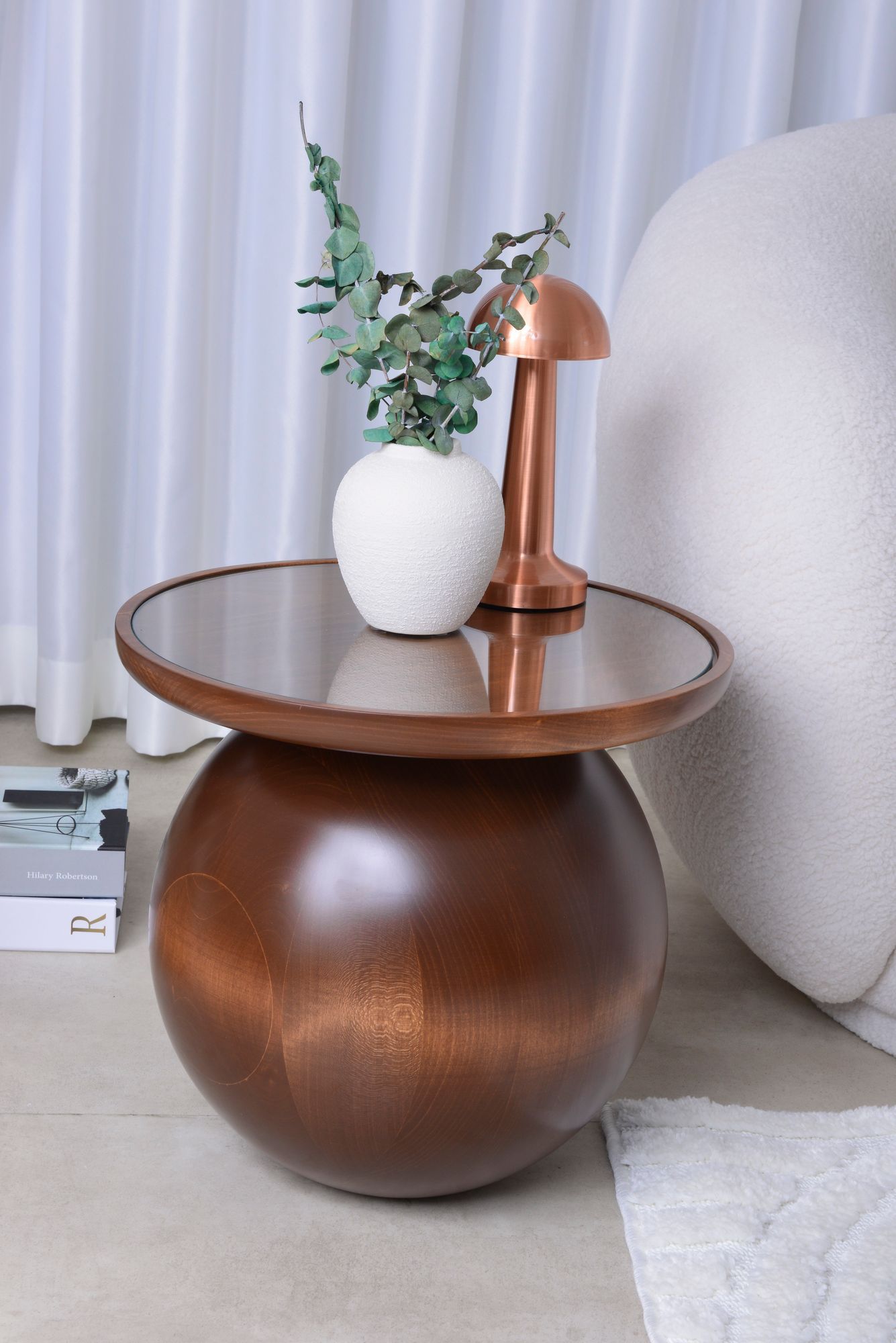 Walnut Single Ball Wood Table, Wooden Ball Table with glass
