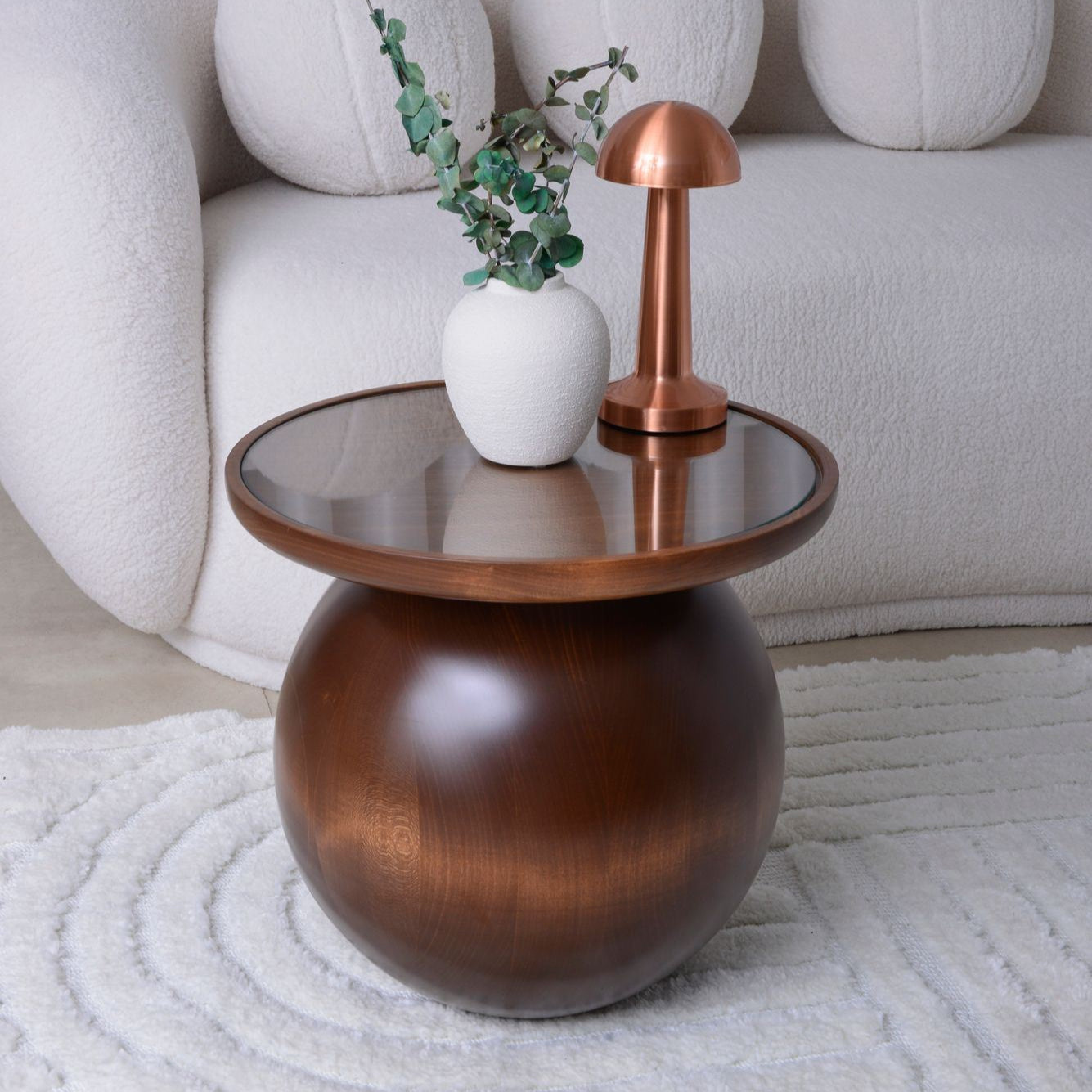 Walnut Single Ball Wood Table, Wooden Ball Table with glass