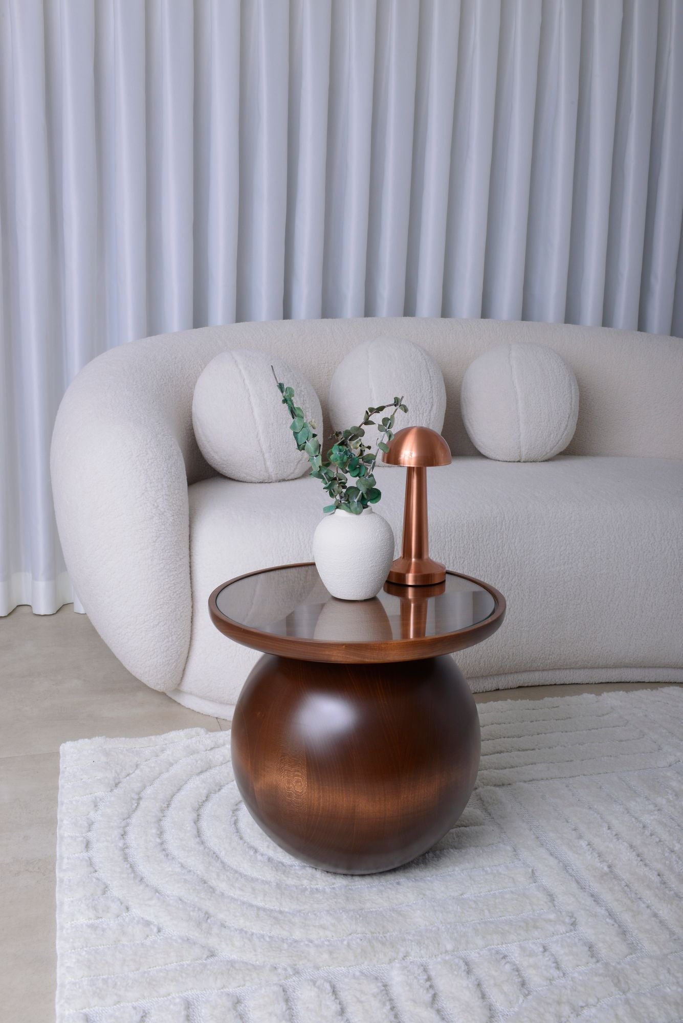 Walnut Single Ball Wood Table, Wooden Ball Table with glass