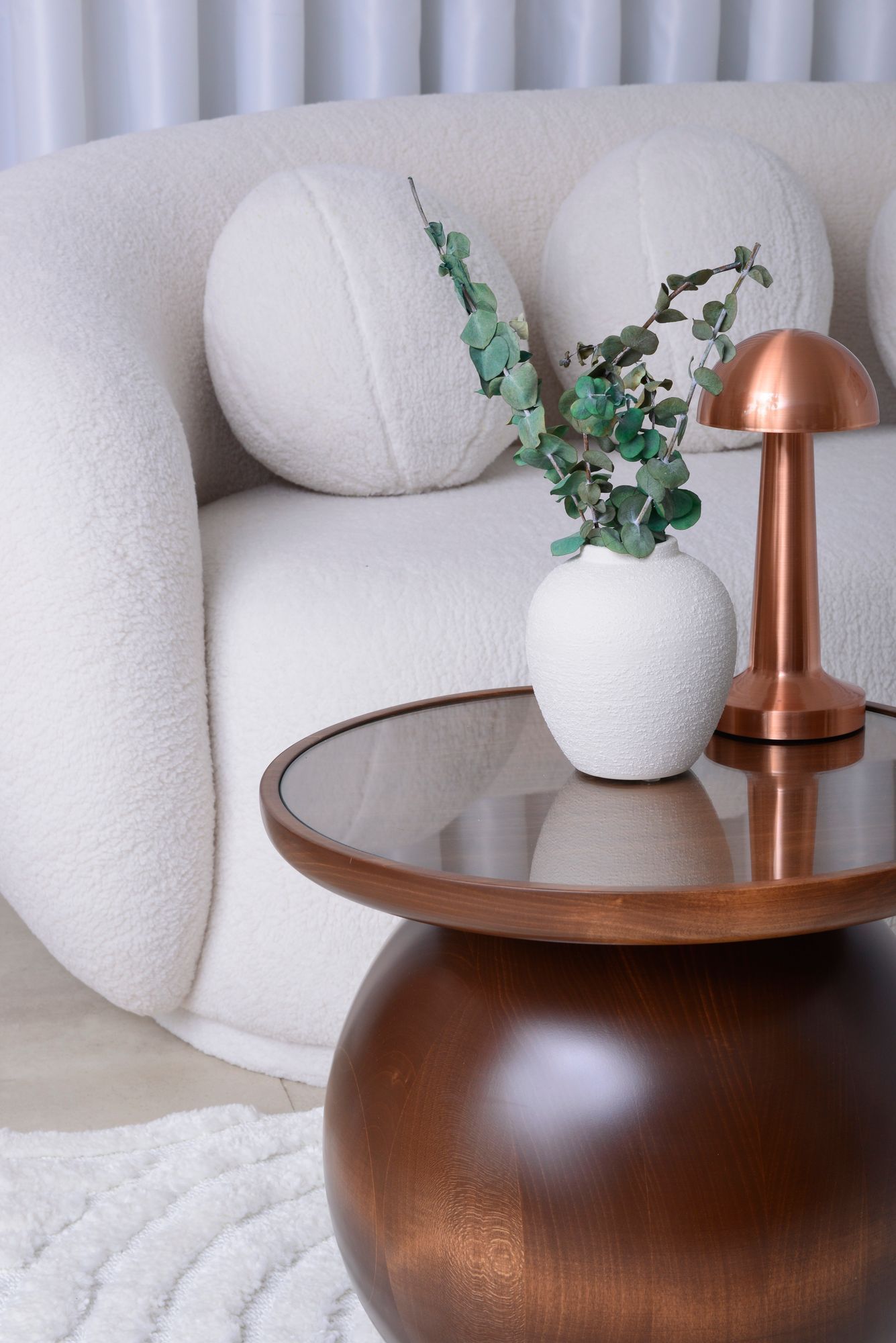 Walnut Single Ball Wood Table, Wooden Ball Table with glass