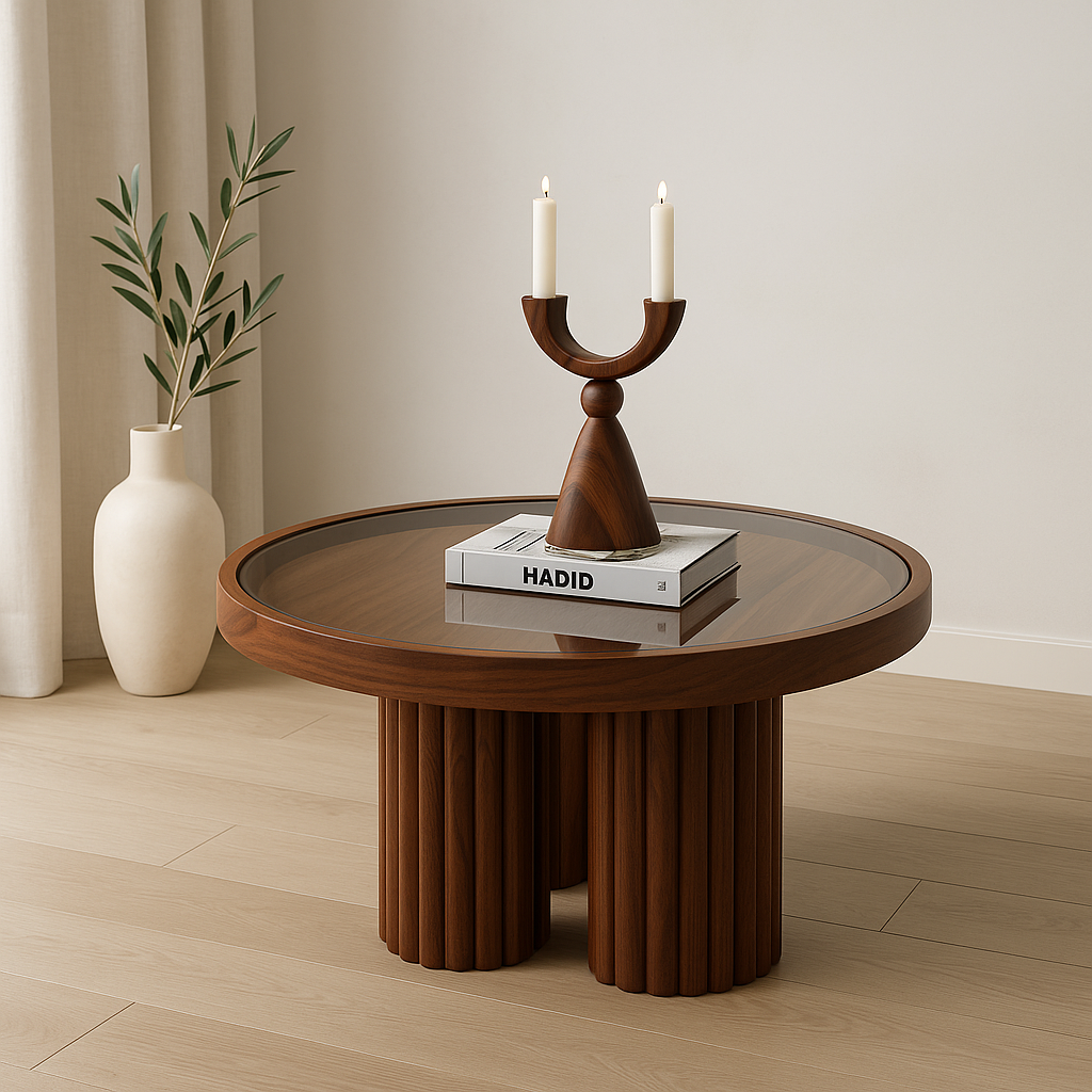 Round Walnut Wood Coffee Table with Glass Top