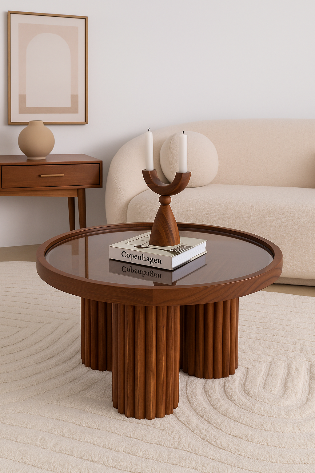 Round Walnut Wood Coffee Table with Glass Top