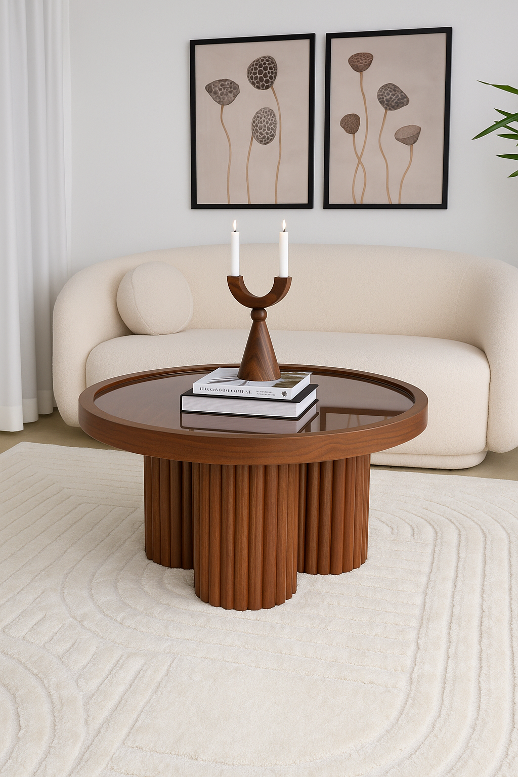 Round Walnut Wood Coffee Table with Glass Top