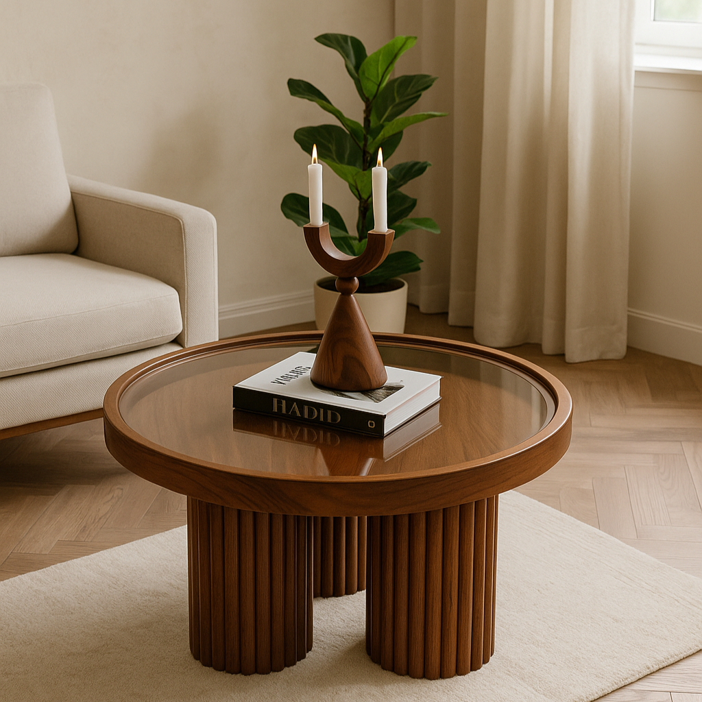 Round Walnut Wood Coffee Table with Glass Top