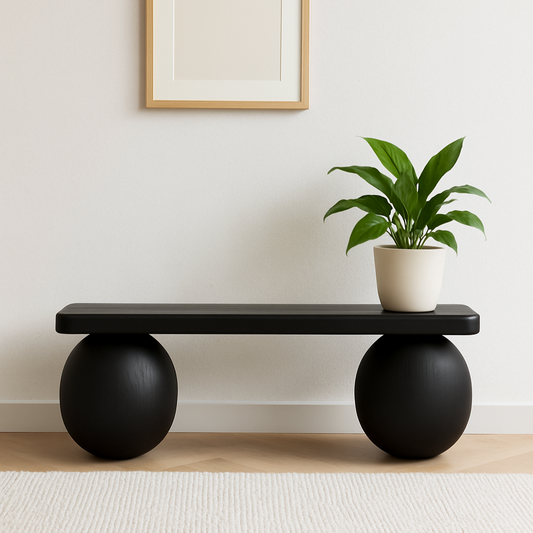 Matte Black Bench – Minimalist Wood Bench with Sphere Legs, Sculptural Entryway Furniture, Handmade Modern Seating