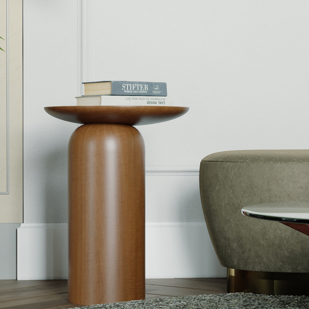 Pera Walnut Wooden Cylinder Side Table
