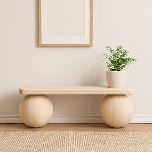 Wooden Sphere Bench – Modern Entryway Bench, Sculptural Ball Leg Stool, Minimalist Mudroom Furniture, Unique Handmade Seat