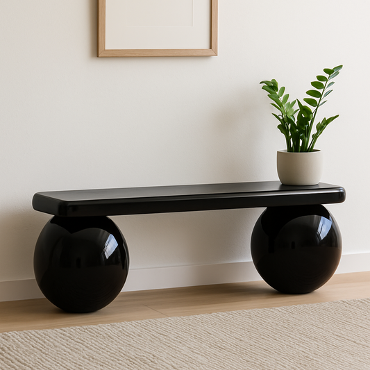 Glossy Black Bench – Lacquered Sphere Wood Bench, Modern Entryway Seating, Sculptural Handmade Furniture