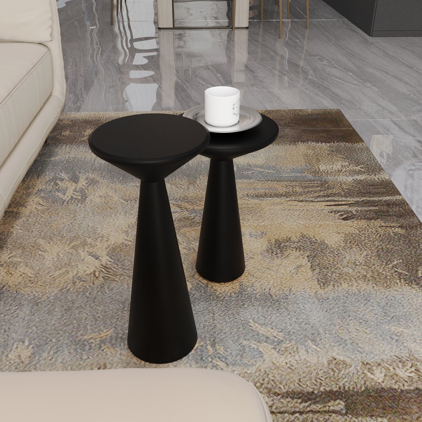 Juego de 2 mesas auxiliares con forma de hongo, mesa auxiliar de madera, mesas de madera hechas a mano, en blanco y negro