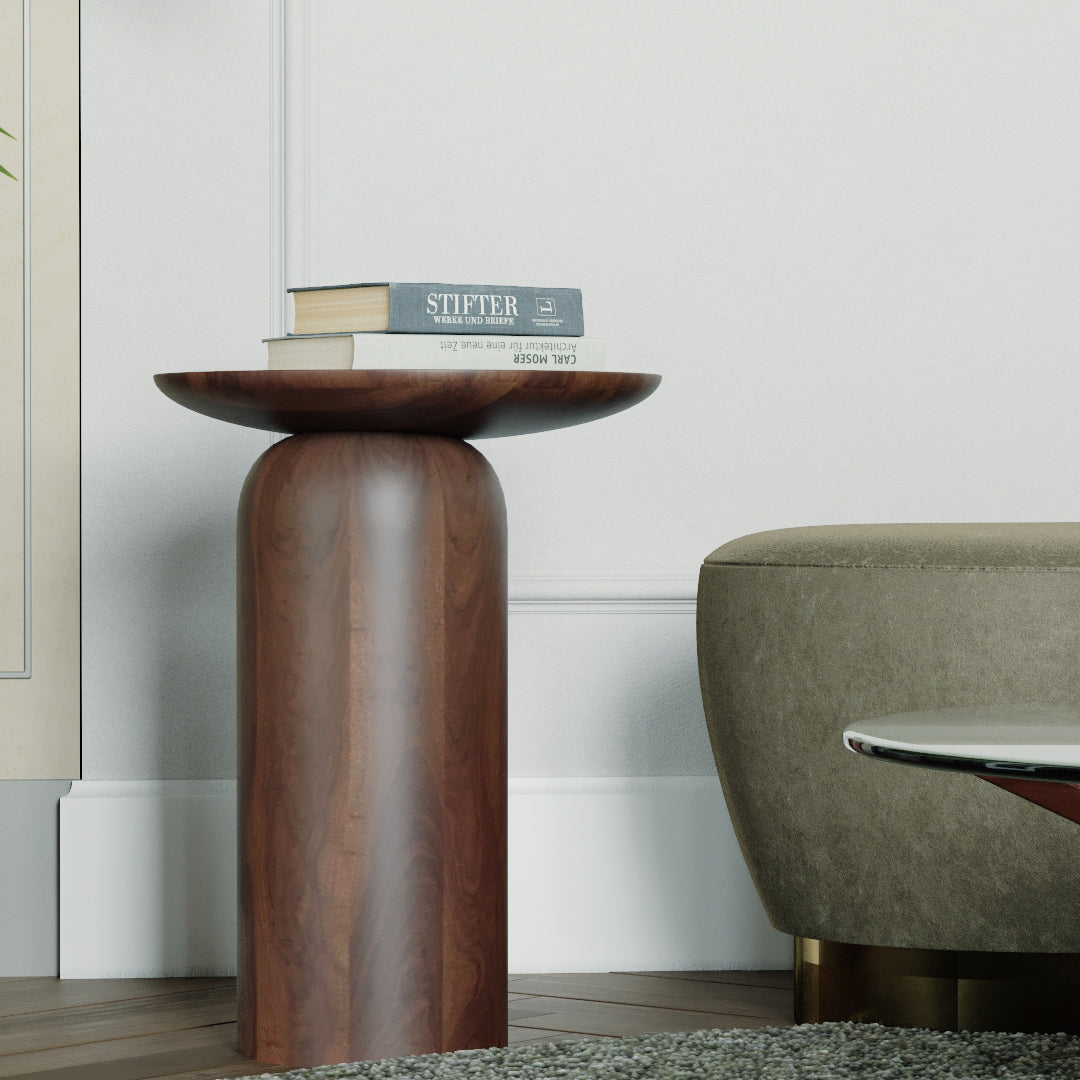 Pera Walnut Wooden Cylinder Side Table