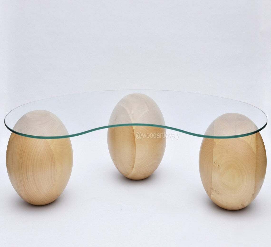 Mesa de centro con bolas de madera natural, mesa de centro, bolas de madera, mesa de vidrio con bolas de madera