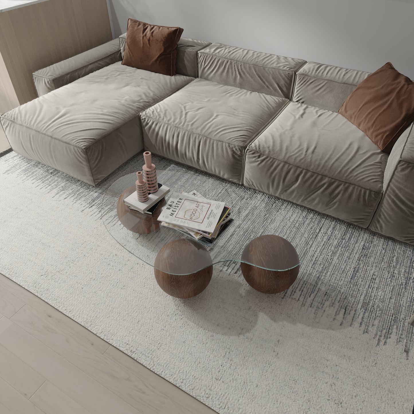 Mesa de centro con bolas de madera, mesa central, bolas de madera, mesa de vidrio con bolas de madera, mesa de madera