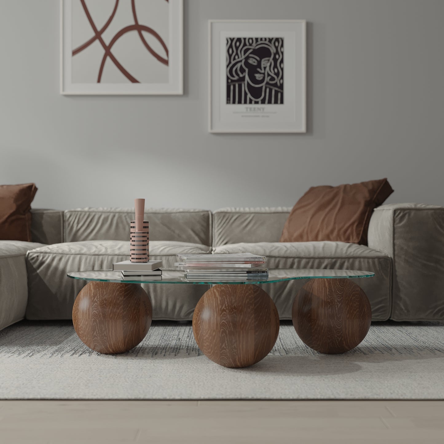 Mesa de centro con bolas de madera, mesa central, bolas de madera, mesa de vidrio con bolas de madera, mesa de madera