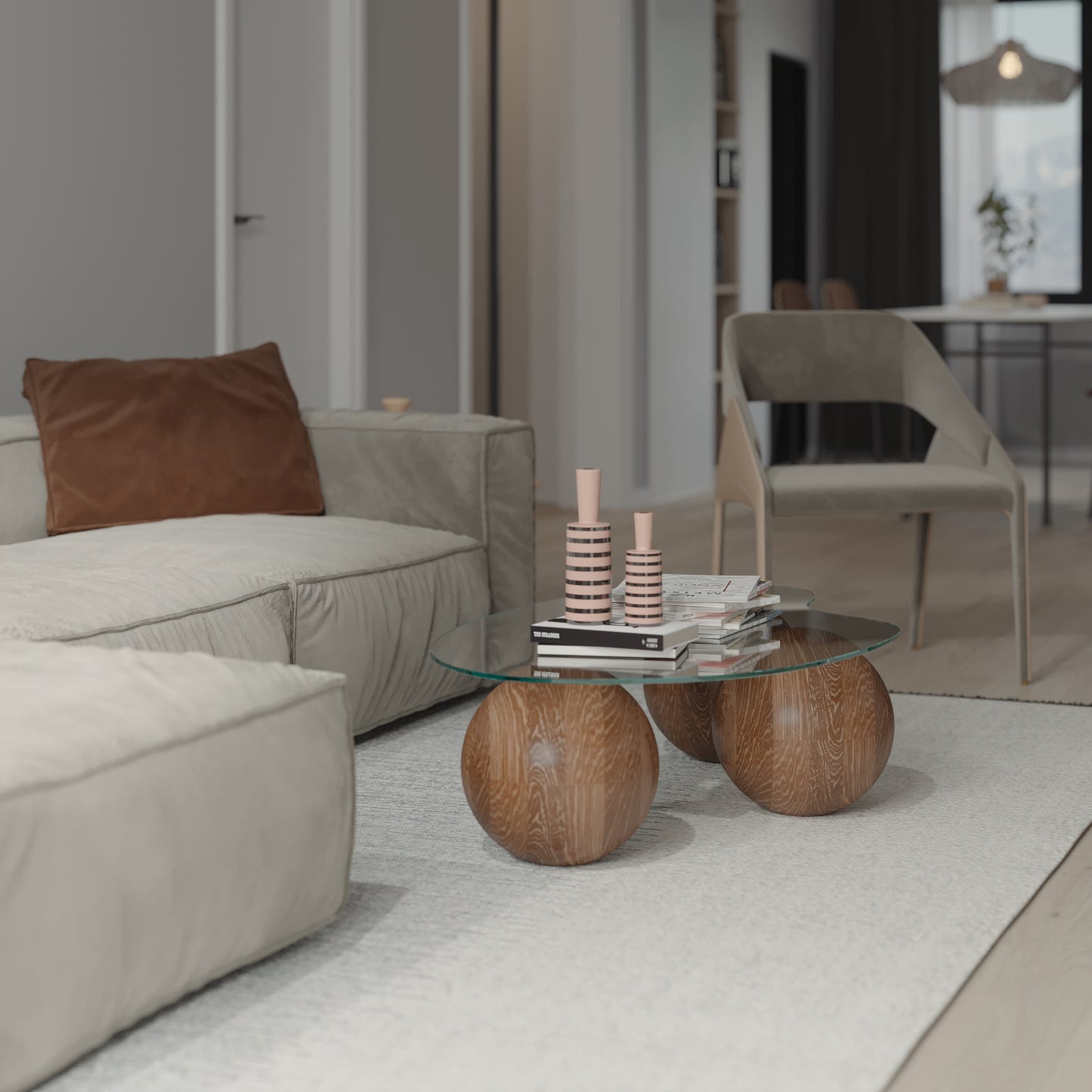 Mesa de centro con bolas de madera, mesa central, bolas de madera, mesa de vidrio con bolas de madera, mesa de madera
