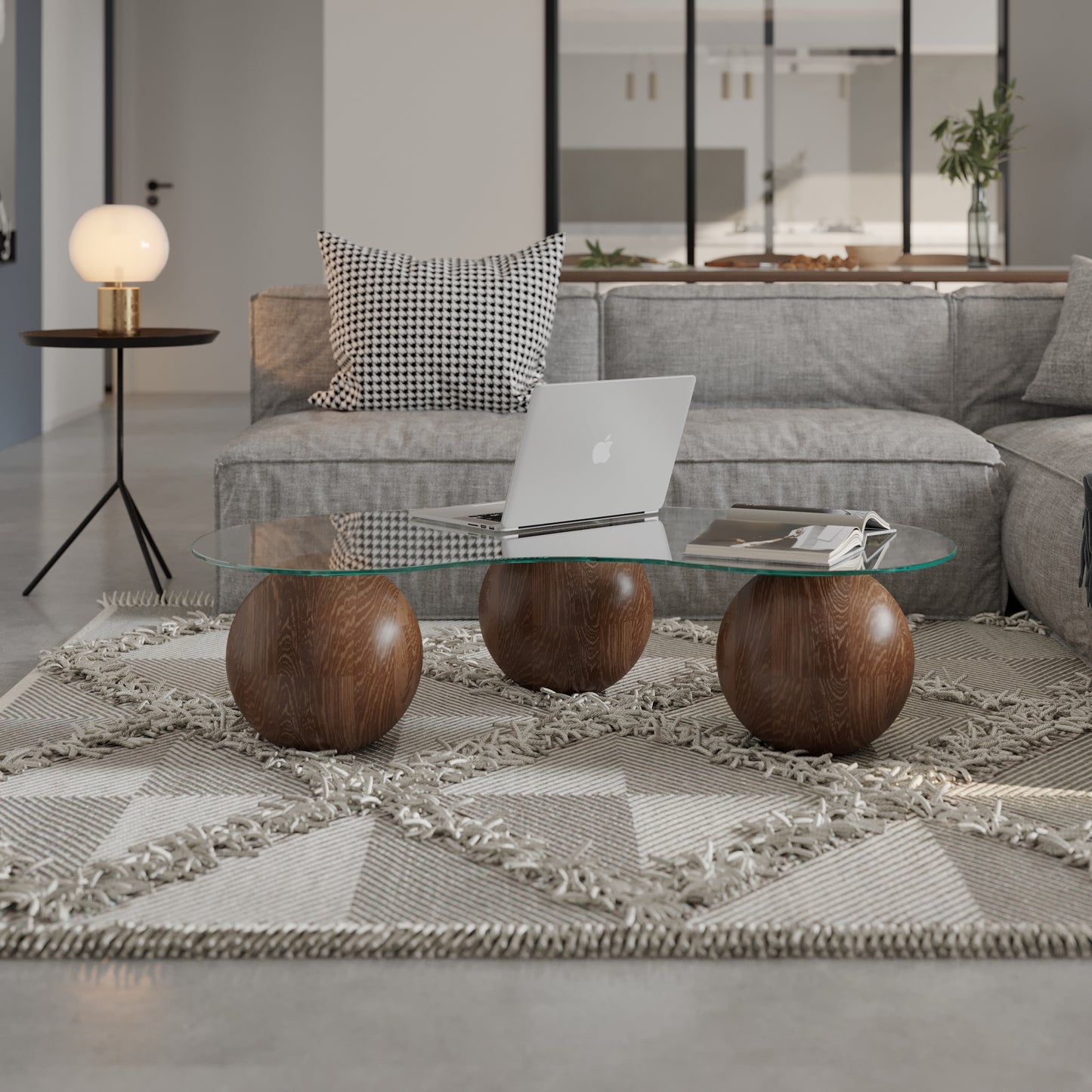 Mesa de centro con bolas de madera de nogal, mesa central, bolas de madera, mesa de vidrio con bolas de madera