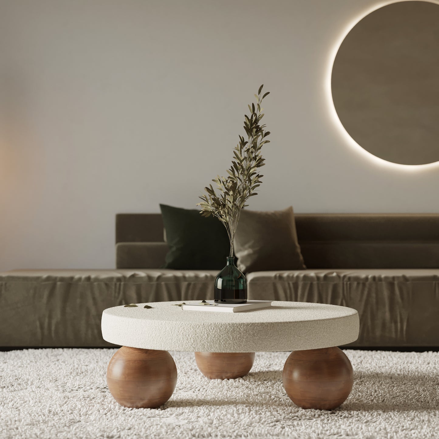 Mesa de centro de madera con tela de osito de peluche, mesa de centro tipo puf, mesa de centro con patas esféricas, mesa de osito de peluche