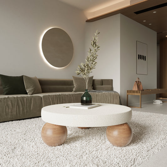 Wooden Coffee Table with Teddy Fabric, Pouf CoffeeTable, Teddy Coffee Table