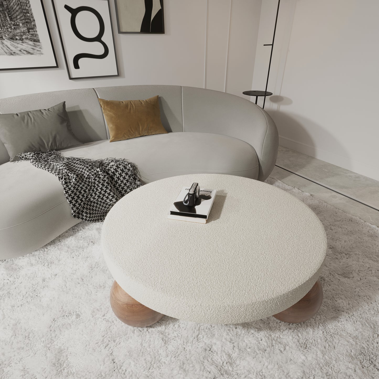 Mesa de centro de madera con tela de osito de peluche, mesa de centro tipo puf, mesa de centro con patas esféricas, mesa de osito de peluche