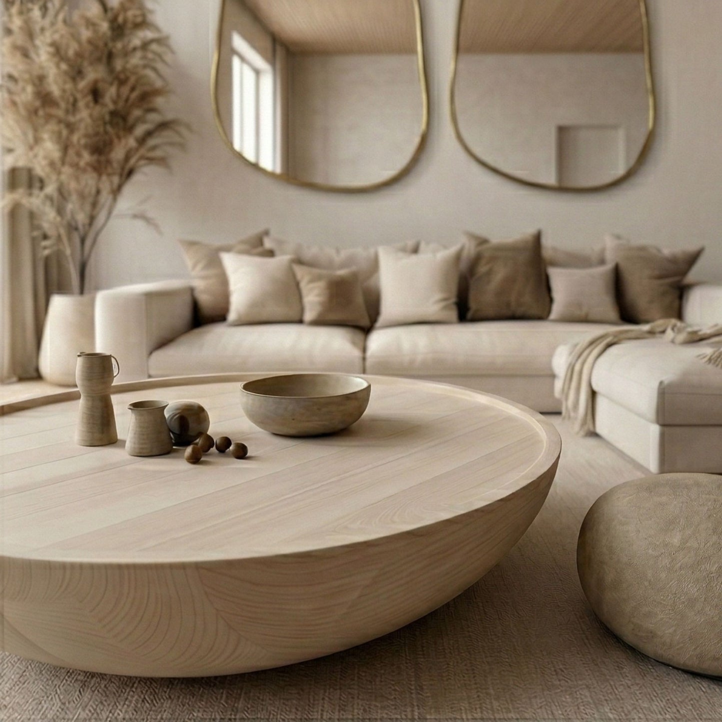 Sofra Large Round Organic Wood Coffee Table, Handmade Floor Table