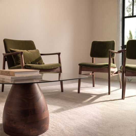 Handmade Sculptural Coffee Table, Tapered Wood Base, Bronze Glass Top, Modern Furniture