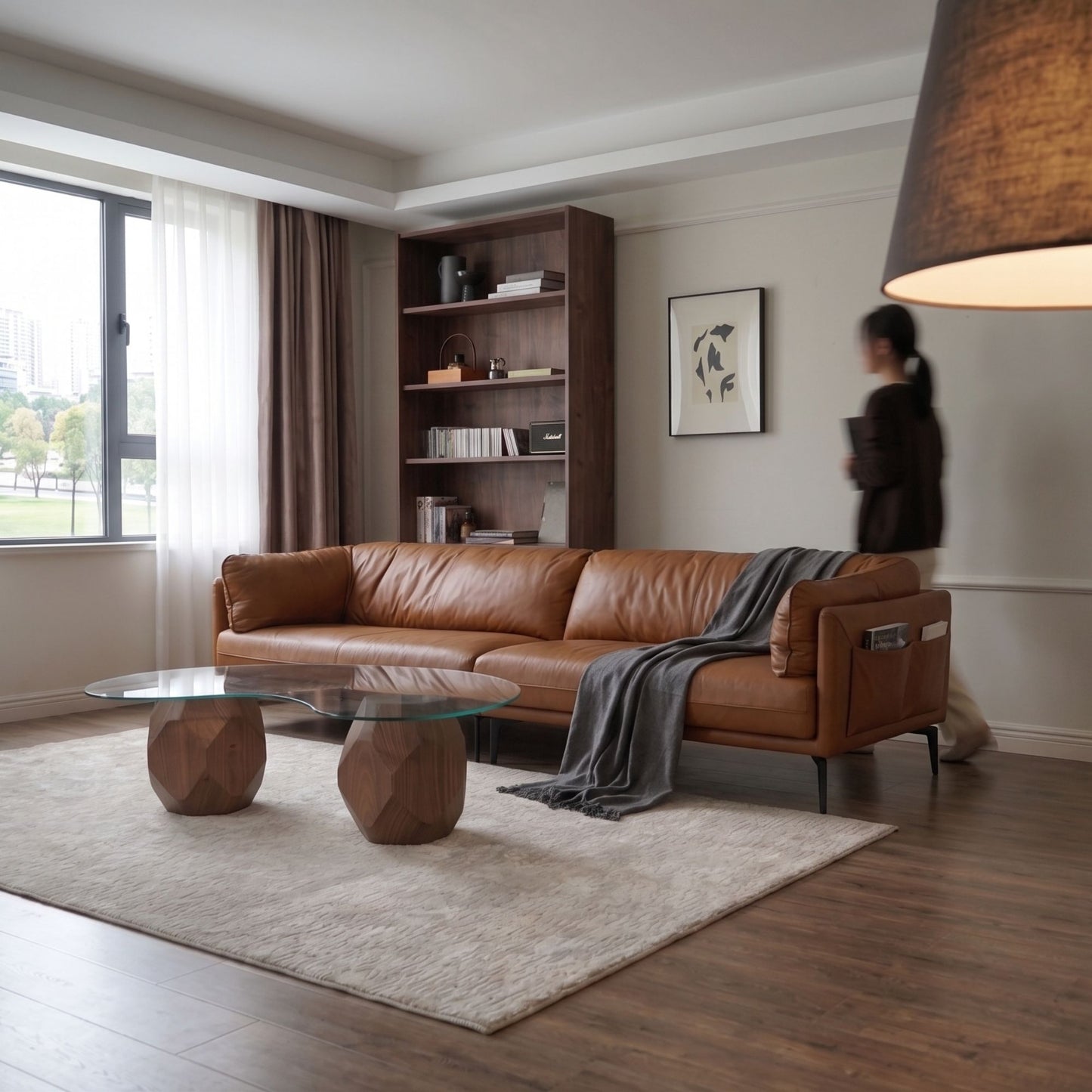 Facet Sculptural Table, Geometric Wood Coffee Table with Glass Top