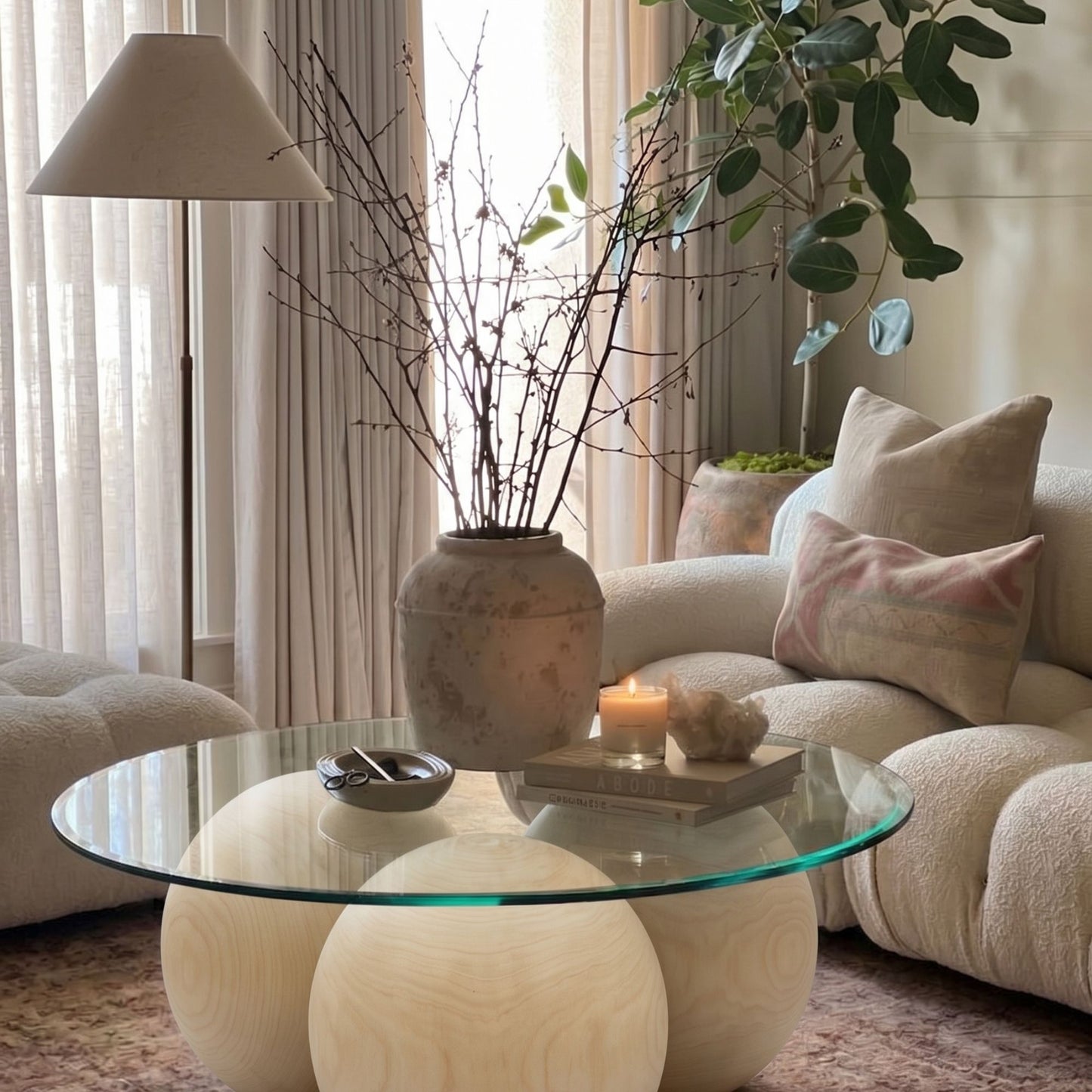 Noir Sculptural Coffee Table – Handmade Solid Wood Ball Base Table with Tempered Glass Top
