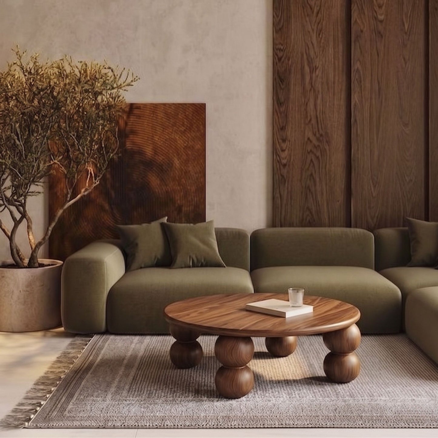 Mihver Solid Walnut Round Coffee Table, Spherical Legs, Japandi Furniture