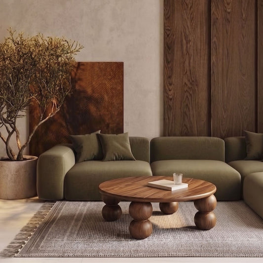 Mihver Solid Walnut Round Coffee Table, Spherical Legs, Japandi Furniture