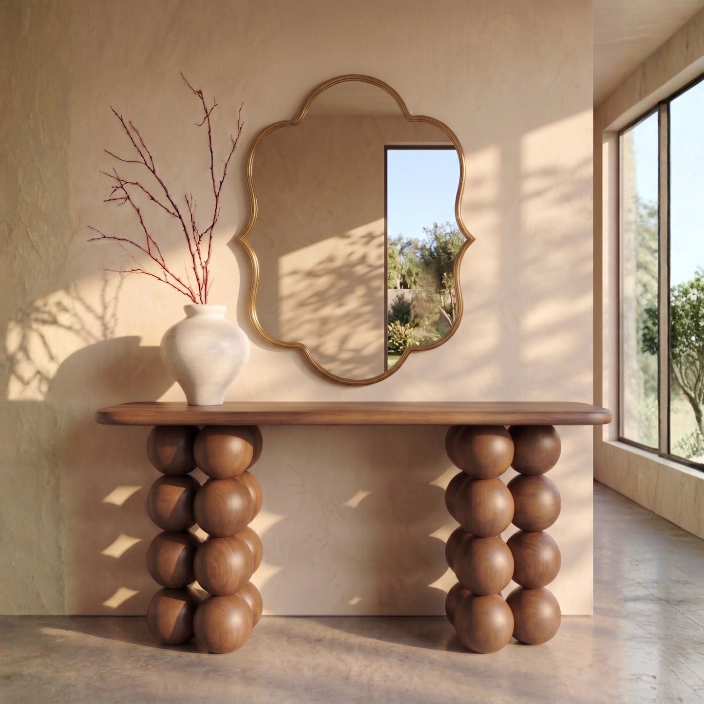 Katia Console Table, Solid Wood Entryway Table, Sculptural Ball Leg Console, Handmade Wooden Console Table, Modern Luxury Hallway Table
