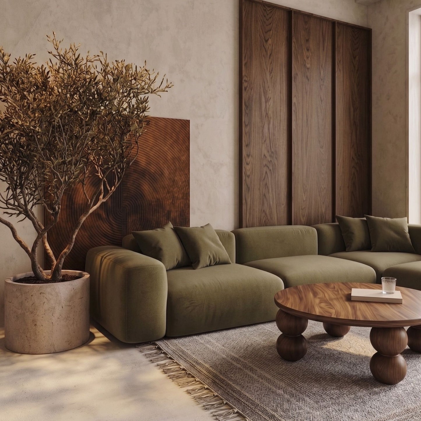 Mihver Solid Walnut Round Coffee Table, Spherical Legs, Japandi Furniture