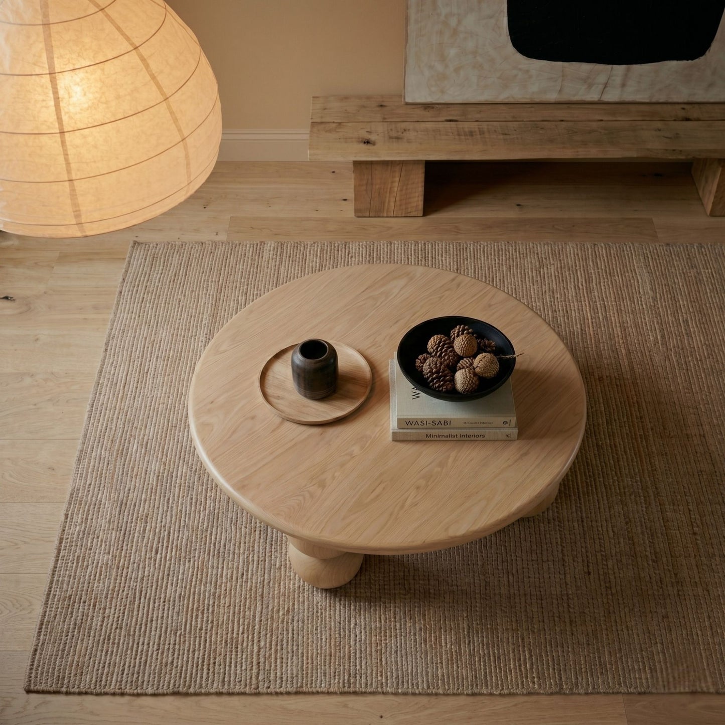 Mihver Solid Walnut Round Coffee Table, Spherical Legs, Japandi Furniture