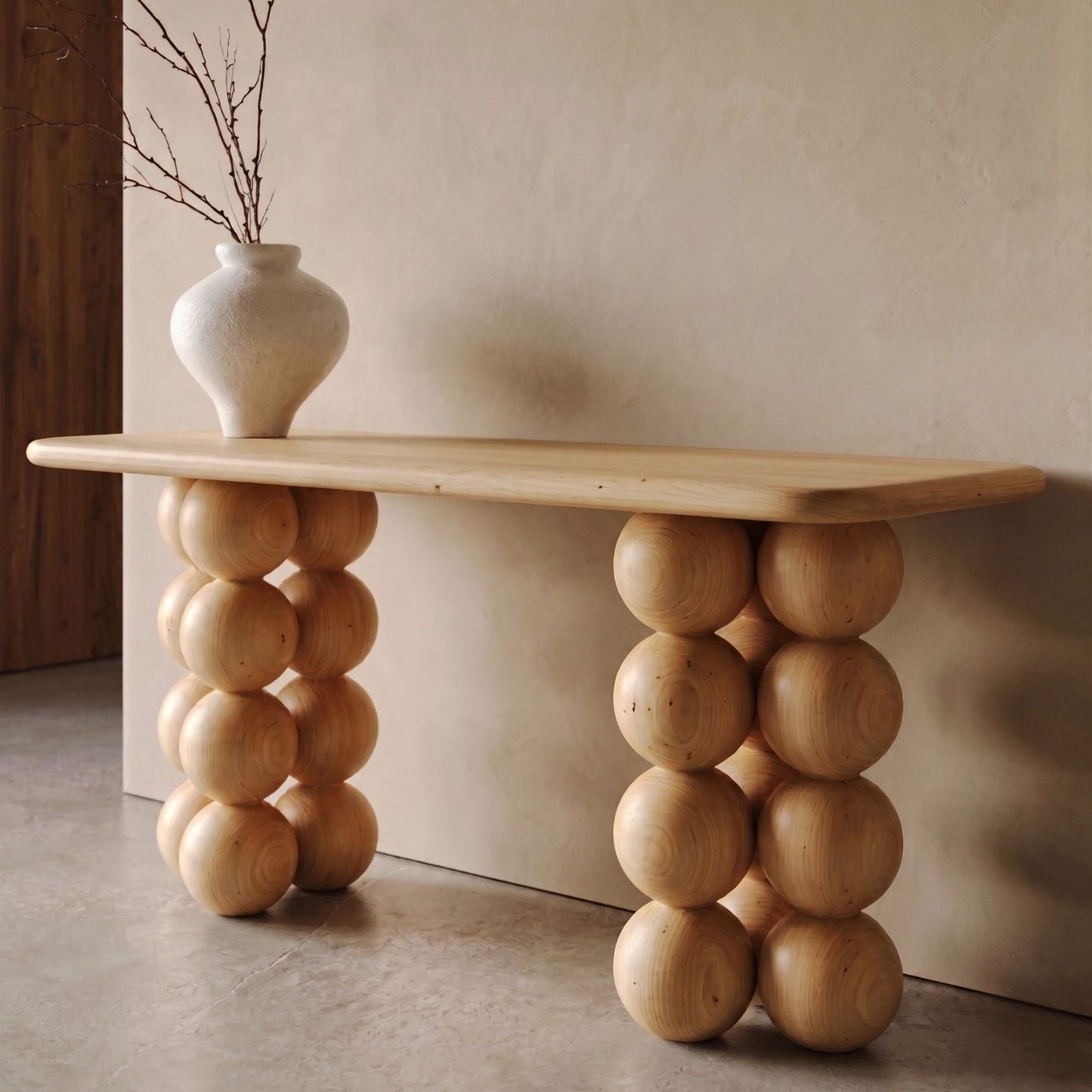Katia Console Table, Solid Wood Entryway Table, Sculptural Ball Leg Console, Handmade Wooden Console Table, Modern Luxury Hallway Table