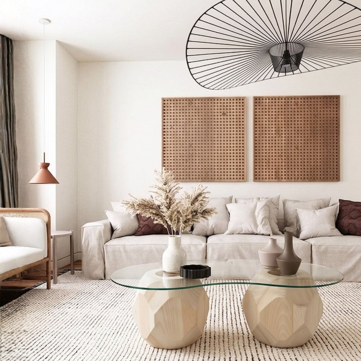 Facet Sculptural Table, Geometric Wood Coffee Table with Glass Top