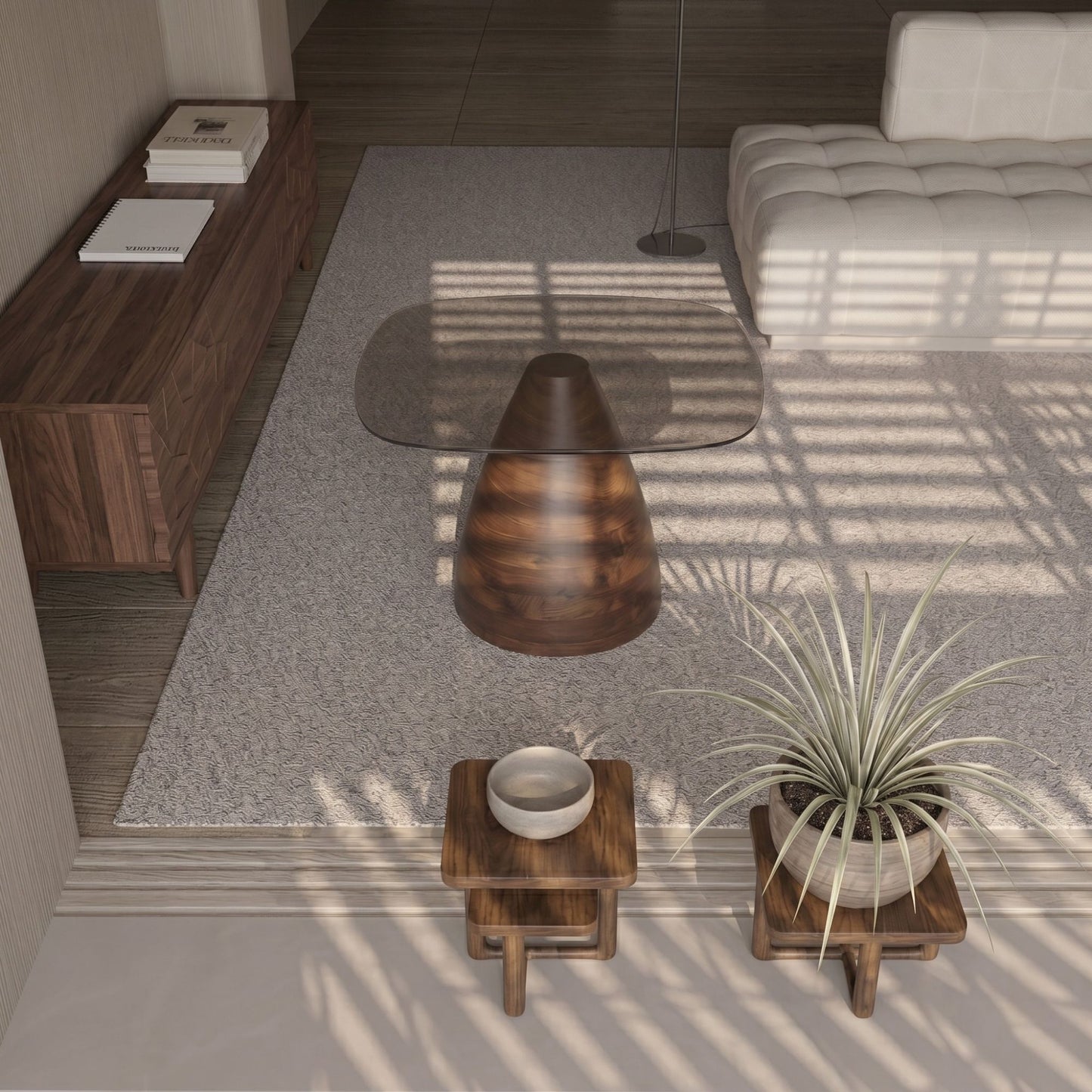 Handmade Sculptural Coffee Table, Tapered Wood Base, Bronze Glass Top, Modern Furniture