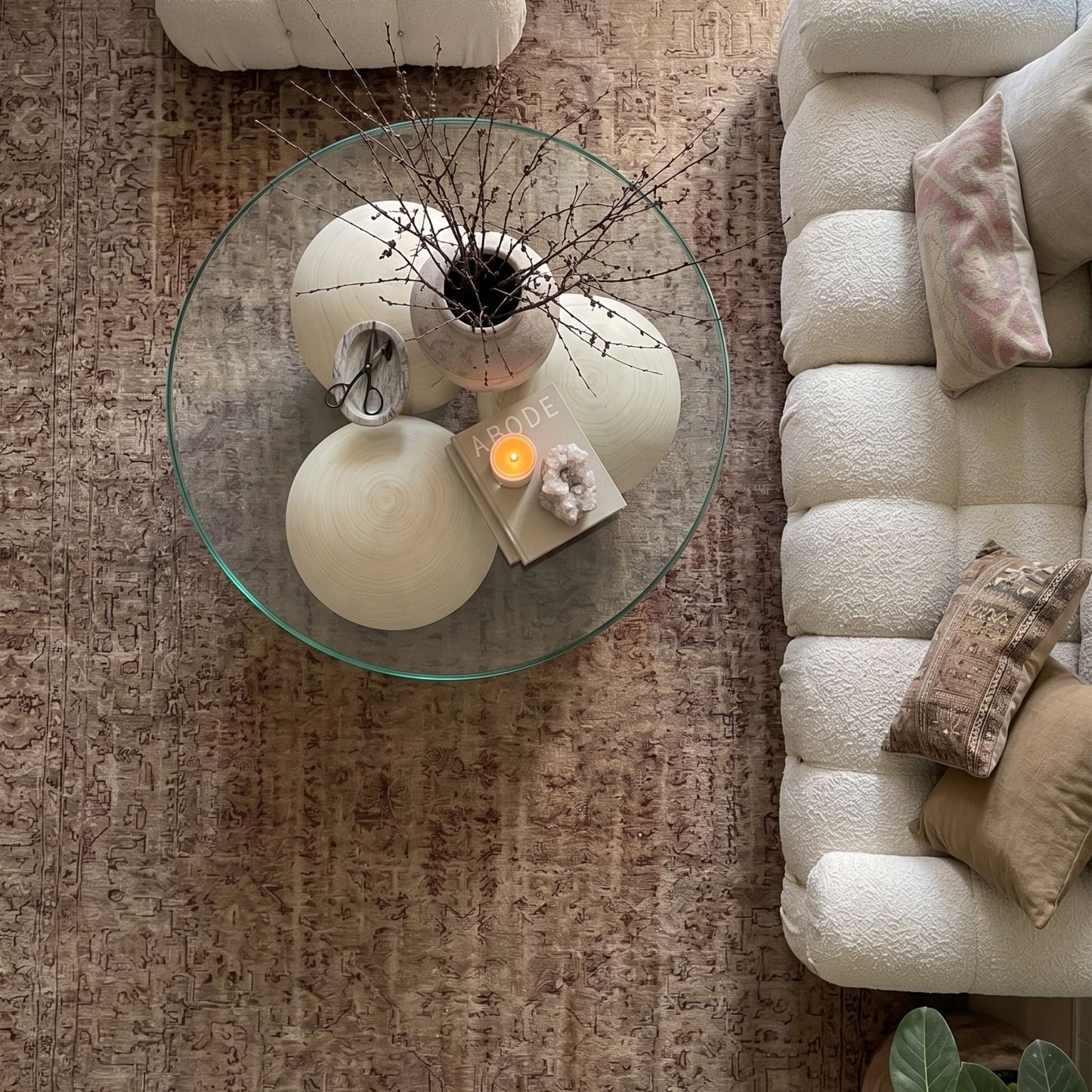 Noir Sculptural Coffee Table – Handmade Solid Wood Ball Base Table with Tempered Glass Top