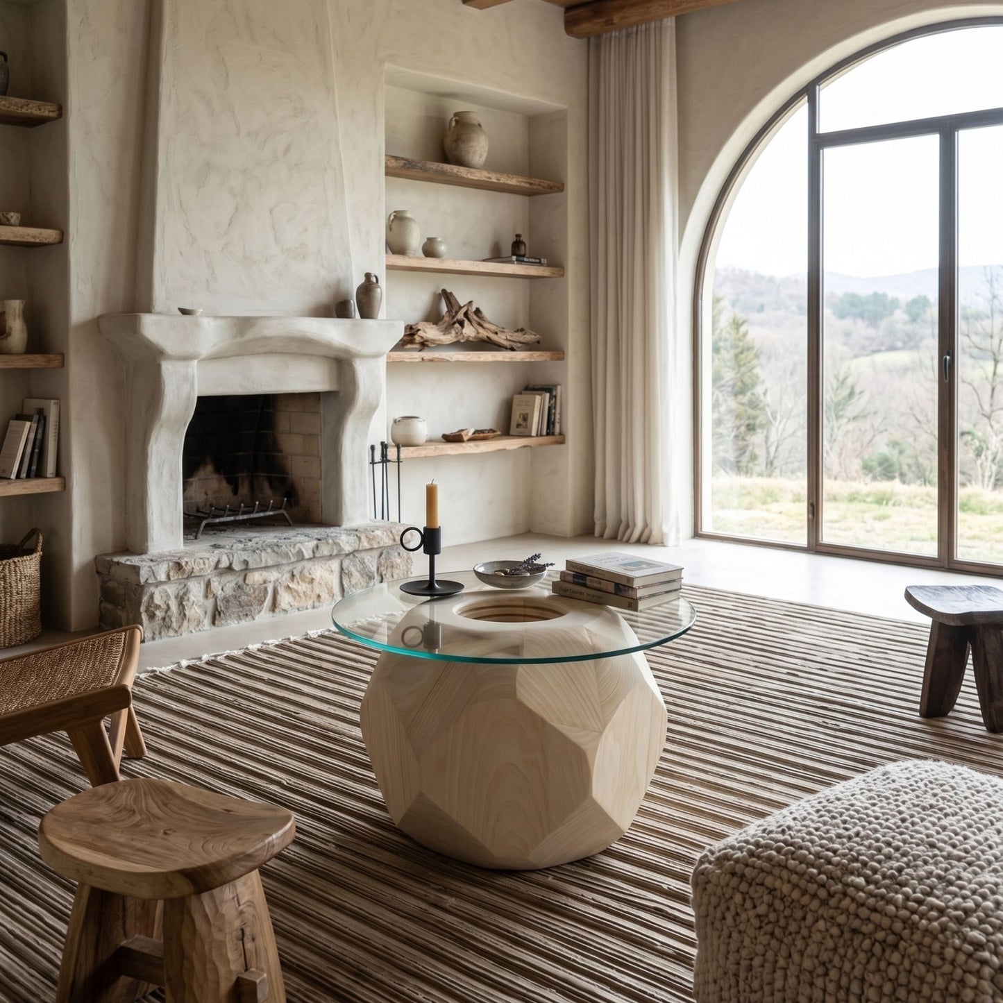 Facet Sculptural Table, Geometric Wood Coffee Table with Glass Top