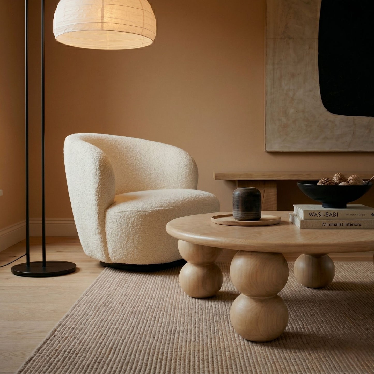 Mihver Solid Walnut Round Coffee Table, Spherical Legs, Japandi Furniture