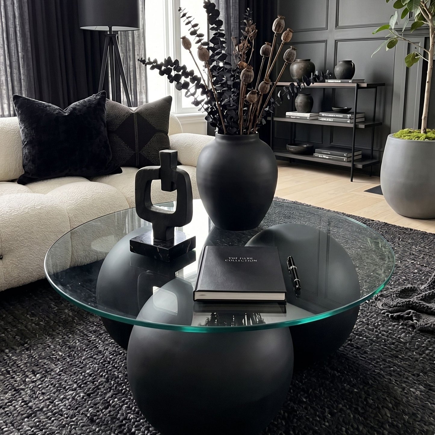 Noir Sculptural Coffee Table – Handmade Solid Wood Ball Base Table with Tempered Glass Top
