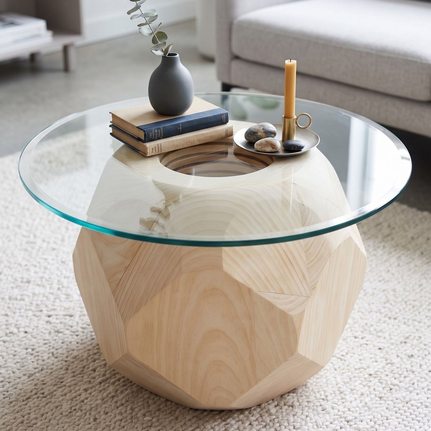 Facet Sculptural Table, Geometric Wood Coffee Table with Glass Top