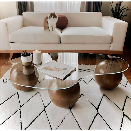 Wooden Ball Coffee Table, Center Table, Wood Balls, Glass Table with Wood Ball