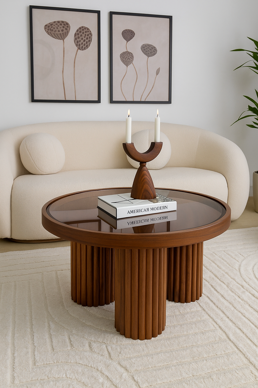 Round Walnut Wood Coffee Table with Glass Top