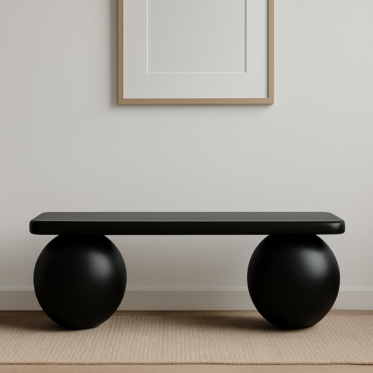 Matte Black Bench – Minimalist Wood Bench with Sphere Legs, Sculptural Entryway Furniture, Handmade Modern Seating