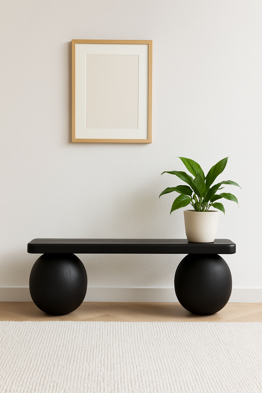 Matte Black Bench – Minimalist Wood Bench with Sphere Legs, Sculptural Entryway Furniture, Handmade Modern Seating