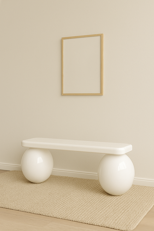 White Gloss Lacquer Bench – Modern Decorative Accent Seat with Round Wood Legs, Minimalist Hallway Furniture