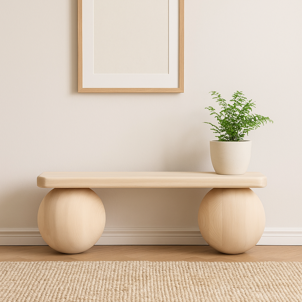 Wooden Sphere Bench – Modern Entryway Bench, Sculptural Ball Leg Stool, Minimalist Mudroom Furniture, Unique Handmade Seat