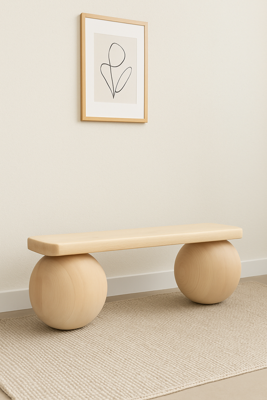 Wooden Sphere Bench – Modern Entryway Bench, Sculptural Ball Leg Stool, Minimalist Mudroom Furniture, Unique Handmade Seat